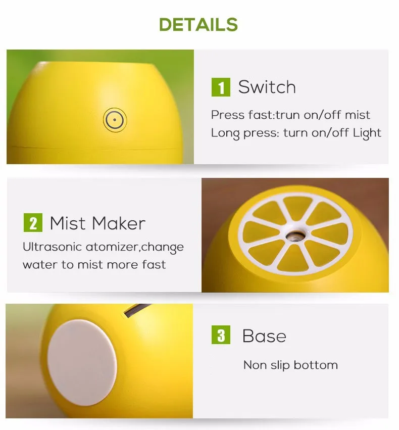 7-colors Colorful Nightlight Portable Cute Lemon USB Air Spray Diffuser Car Humidifier