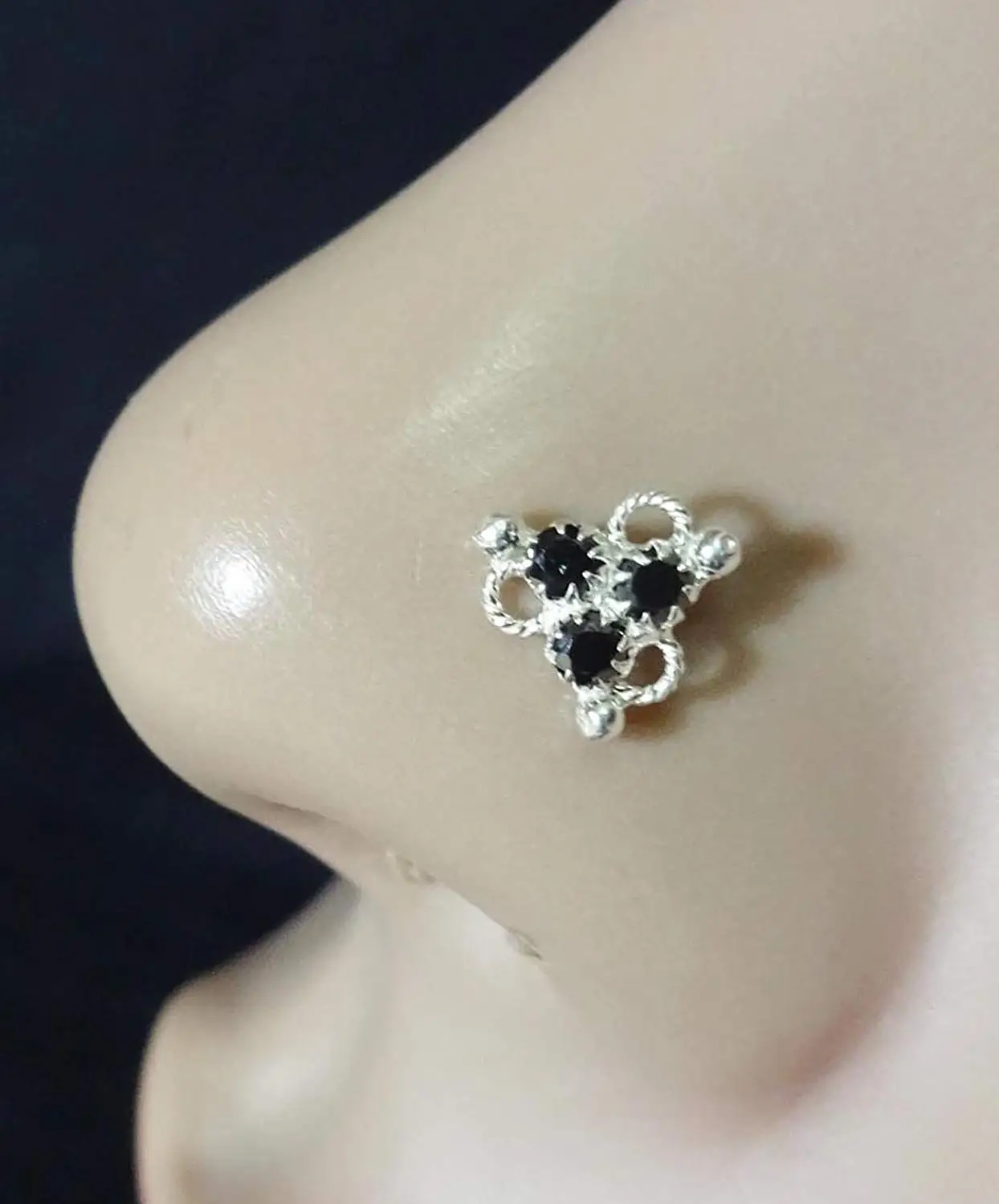 Black Stone Nose Stud,Silver Diamond Piercing,Indian Nose Stud,Silver Nose Cuff,Monroe Nose Ring,Tiny Gold Piercing,Wedding Nose Screw,CZ Clear Nose Stud,Crock Screw Nose Stud ( TEJ721)