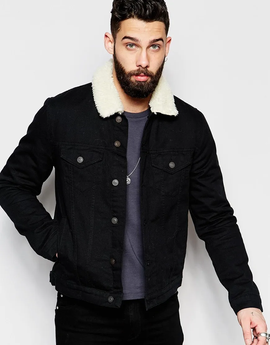 mens denim jacket with fur collar black
