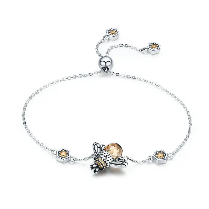 

New Trendy 100% 925 Sterling Silver Dancing Honey Bee Chain Link Women Bracelet Crystal Big Stone Bracelet
