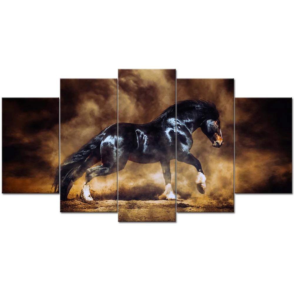 Animal Canvas Wall Art Running Black Horses Painting Prints On Canvas 5 Panels Animal Prints Artwork For Home Decor Buy Horse Pictures For Walls Animal Paintings For Adults Wild Animal Artwork Product On