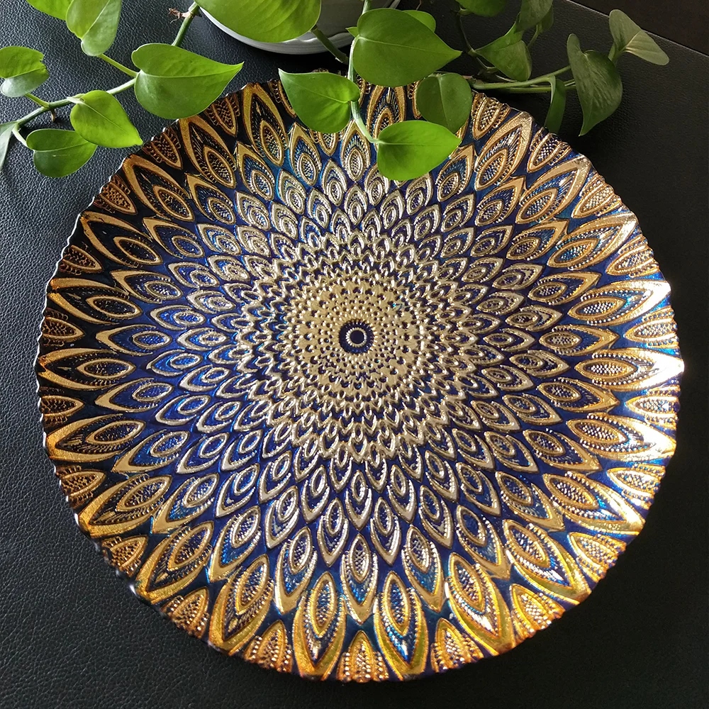 Embossed Wedding Glass Charger Plate Silver For Christmas Decoration