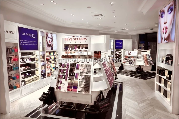 Cosmetics retail shop fitting wooden gondola and wall unit design for cosmetics display