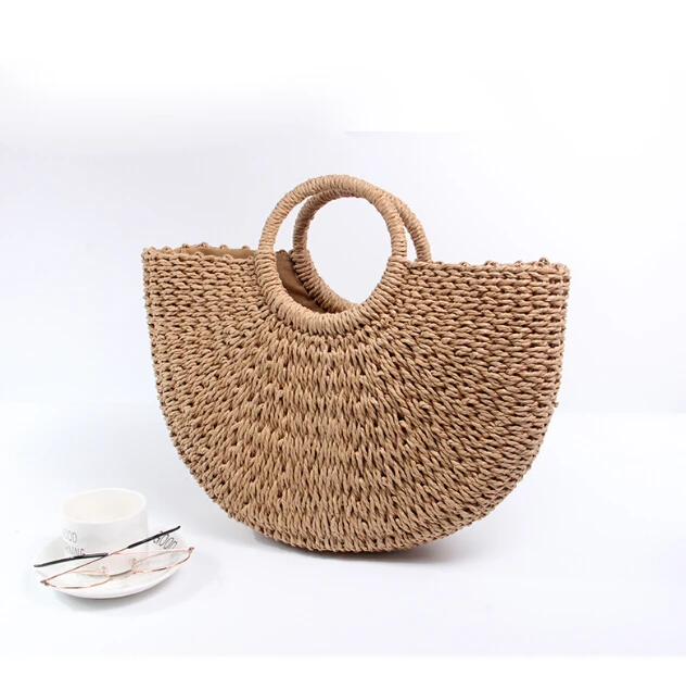 

2021 ins Women Summer Beach Clutch Straw Rattan Bag Fashion Half Moon Bali Round Tote Rattan Bag, Organic color or customized