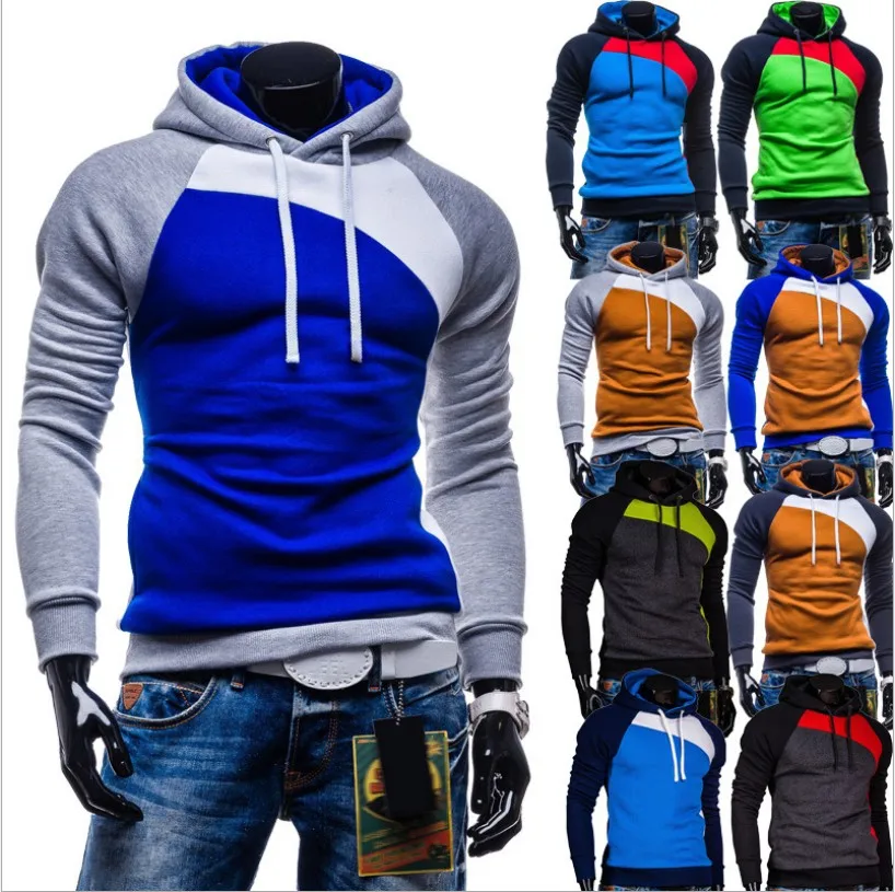 

Fashion Colorful Men's Long Sleeve Hoodie Fashion Splicing Sweater, As picture