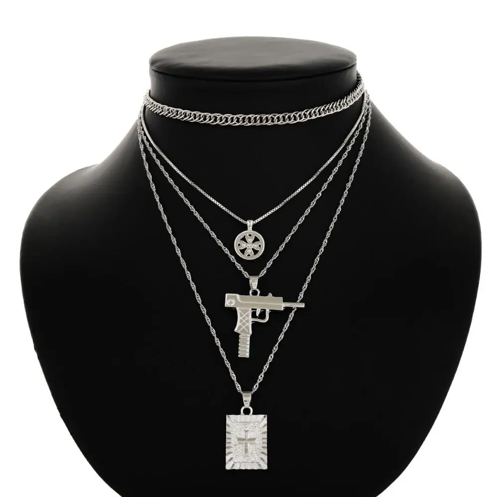 

Multilayer Choker Statement Bib Necklace Long Chain Girl Set Cross and Gun Shape Drop Pendant Necklace, Gold;silver