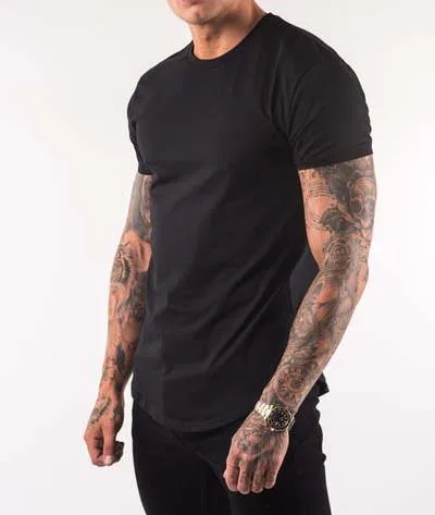 Wholesale Custom 95%Cotton 5%Elastane Blank Black Curved Hem T- shirt For Men