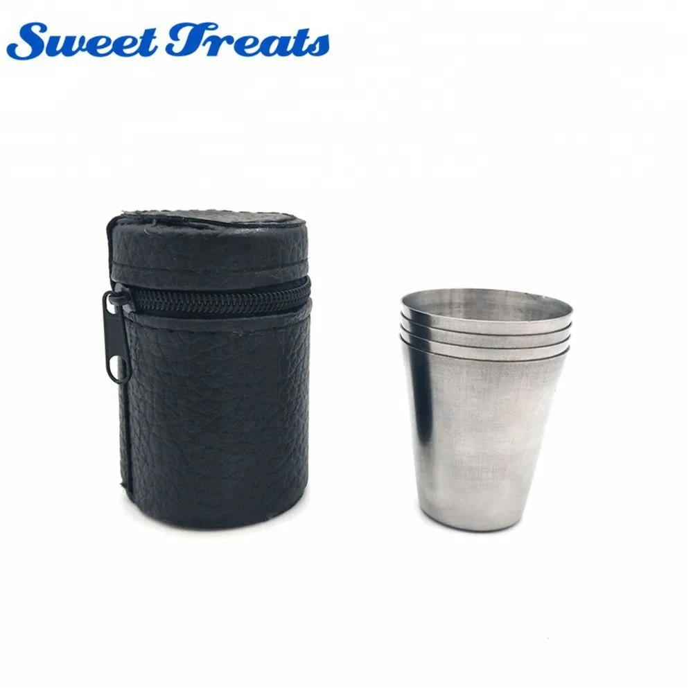 

Sweettreats Set of 4 Stainless Steel Shot Cups Drinking Vessel with Black Leather Carrying Case, Silver