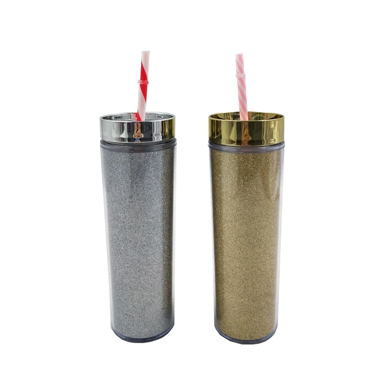 

Plastic insulated glitter tumbler with straw, Customized color