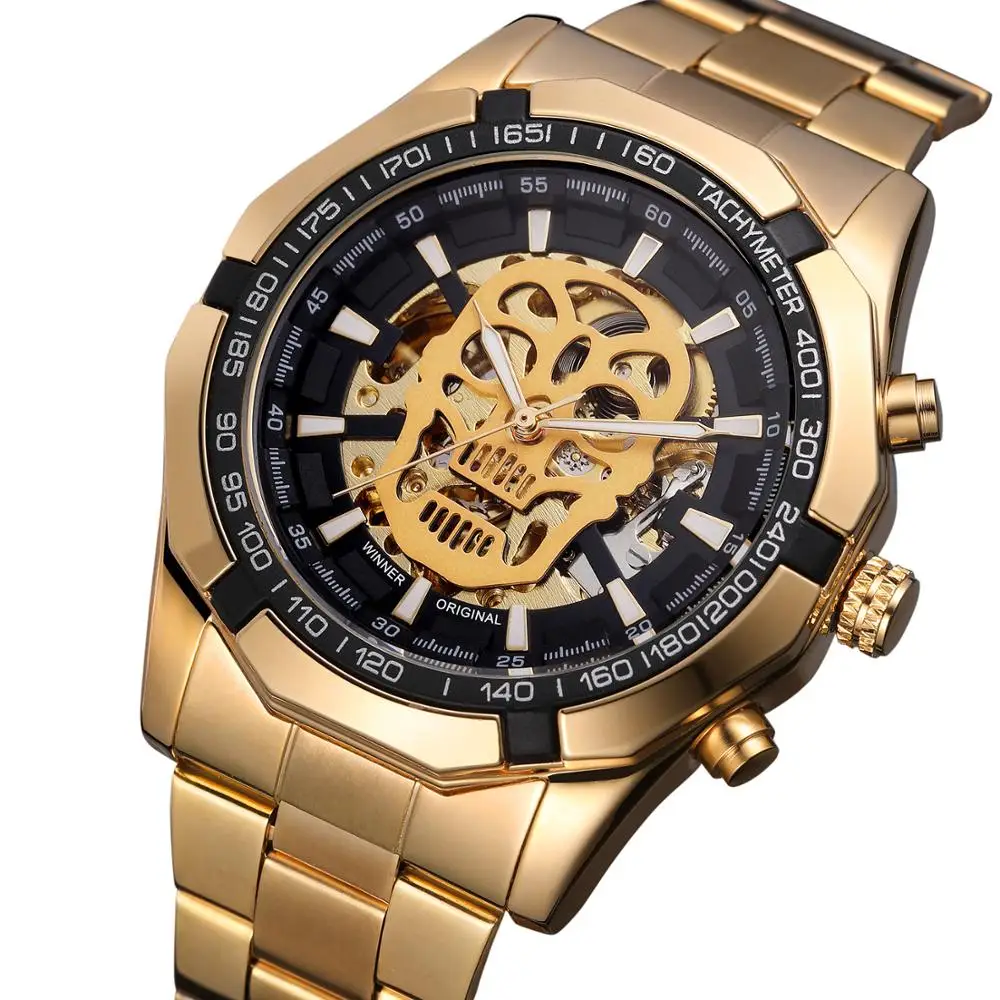 

WINNER Steampunk Skull Auto Mechanical Watch Men Luxury Black Stainless Steel Wrist Watches Automatic Skeleton Mechanical Watch