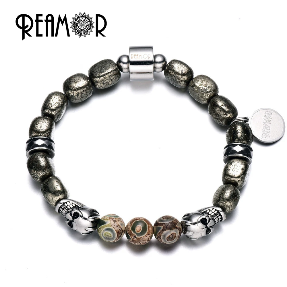 

REAMOR Iron Pyrite Natural Stones Bracelet 316l Stainless Steel Skull Head Bead Energetic Bracelets For Men 2020 Fashion Jewelry