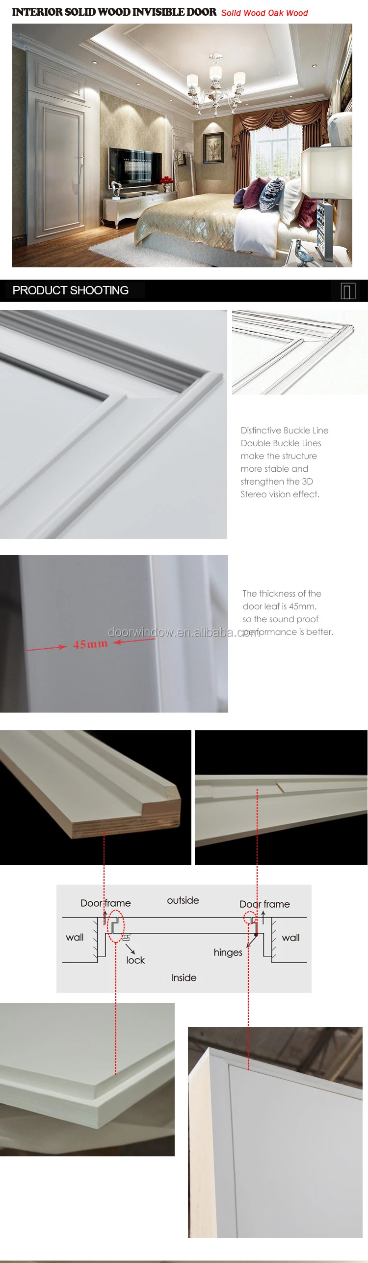 Hot sale secret flush room door wood carving design invisible white color main door