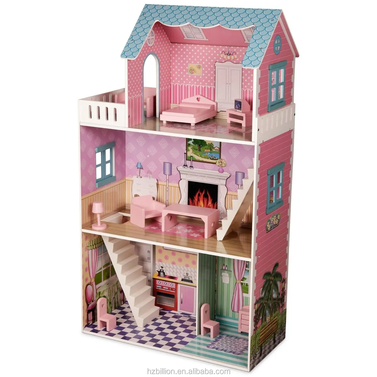 Large 3-level Children's Wooden Dollhouse Kid House Pretend Play ...