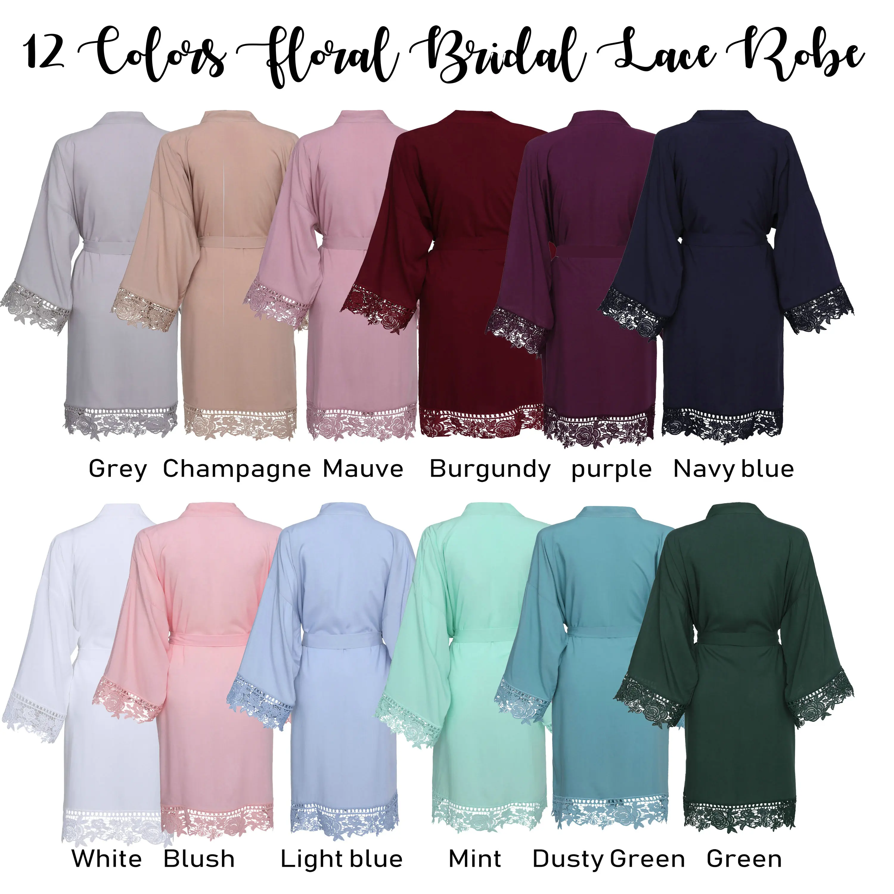 

Rayon cotton lace trim robe Wholesale bridesmaid robes wedding bridal robes knee length lace trim robe 6013, 13 colors