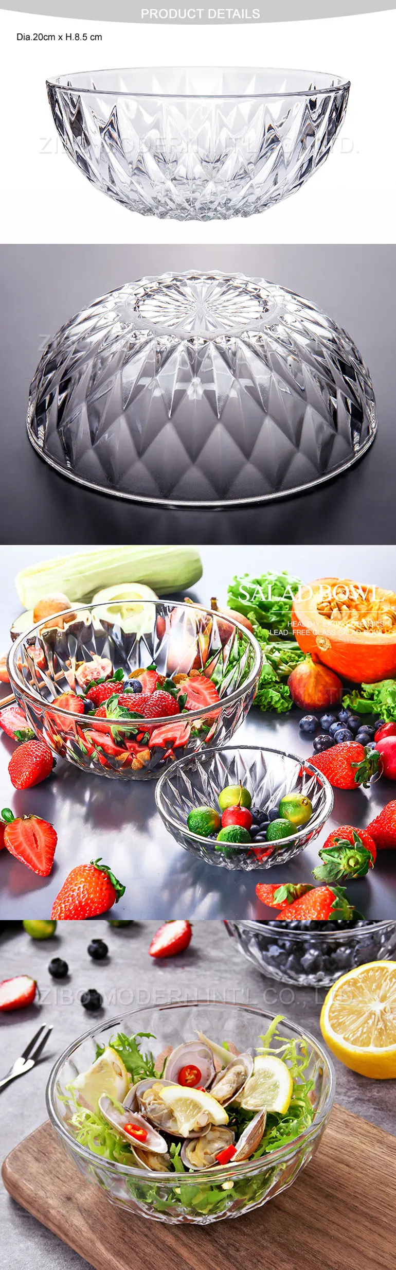 Stock Wholesale Top Quality 8" Large Diamond Design Crystal Glass Salad