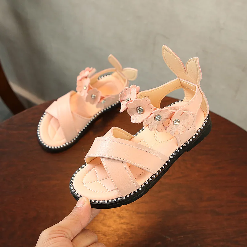 

New arrival cute flower princess kids sandals shoes, White/pink/black