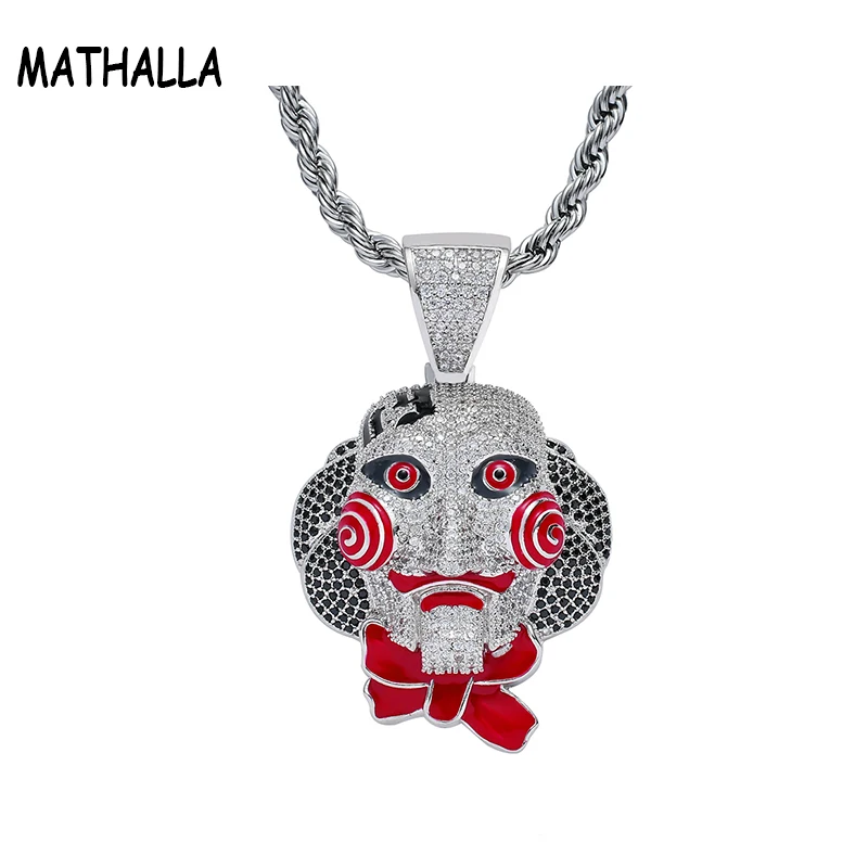 

Hiphop Micro Paved Full CZ Stone Saw Doll Head Mask Pendant Necklace Men's Hip Hop Jewelry, Gold;silver