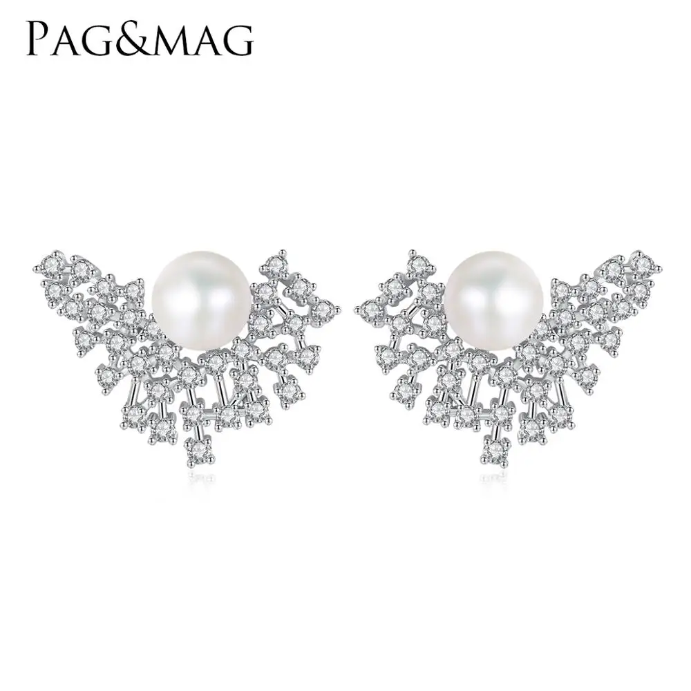 

PAG&MAG Delicate 925 Silver Big Stud Earrings for Women Fashionable Freshwater Cultured Pearl Earring Jewelry Gifts