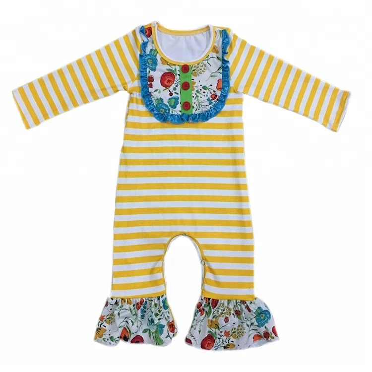 

Wholesale Children Boutique Girls Floral Bodysuit Design Stripe Floral Ruffle Infant Romper Clothing, Picture