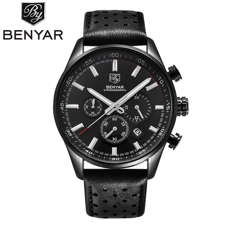 

BENYAR Leather Band Military Sport Watch Male Quartz Wristwatch Luxury Brand Chronograph Clock