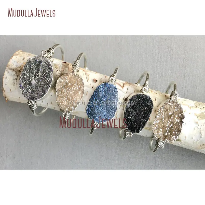 

BM11256 Silver Druzy Stone Bangle Bracelet Oval Rainbow Druzy Charm Cuff Bangle