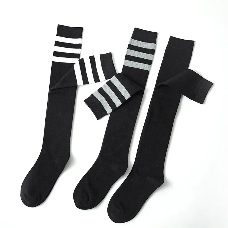 

Japanese Fashion College Combed Cotton 3 Stripe Sexy Girls Over Knee High Black Socks, As pic