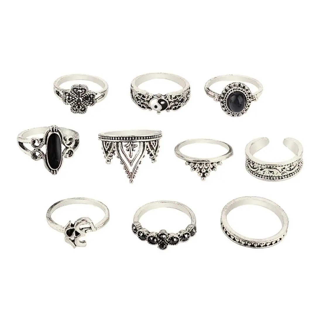 Joopee Retro Rings Set,10pcs/Set Women Bohemian Vintage Silver Stack Rings Above Knuckle Blue Rings Gift
