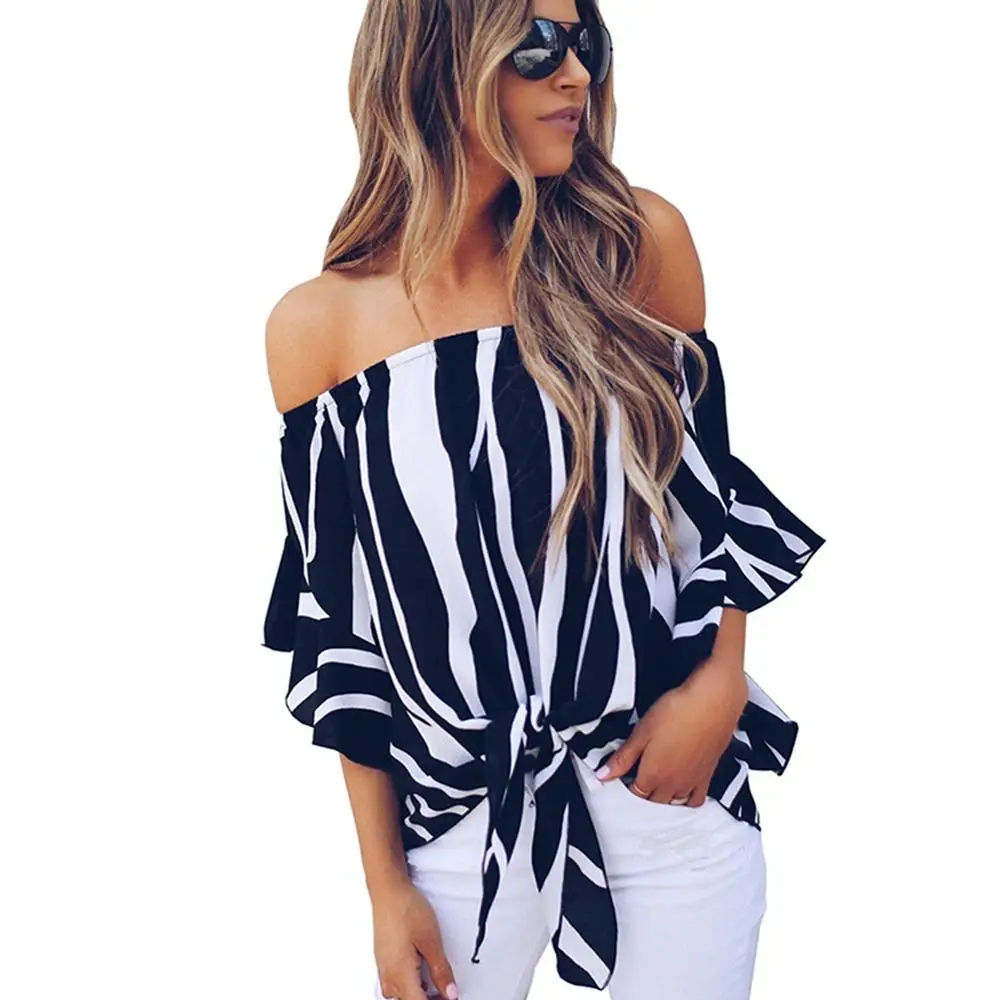 

Wholesale Women' Striped Off Shoulder Bell Sleeve Shirt Tie Knot Casual Blouses Tops Women Shirt Blouse, Pink;white;black