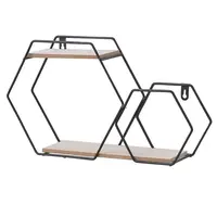 

Modern Design Hexagon Nordic Wall Shelf Metal Rack Storage Shelf With Solid Wood Flower Pot Metal Shelf On The Wall