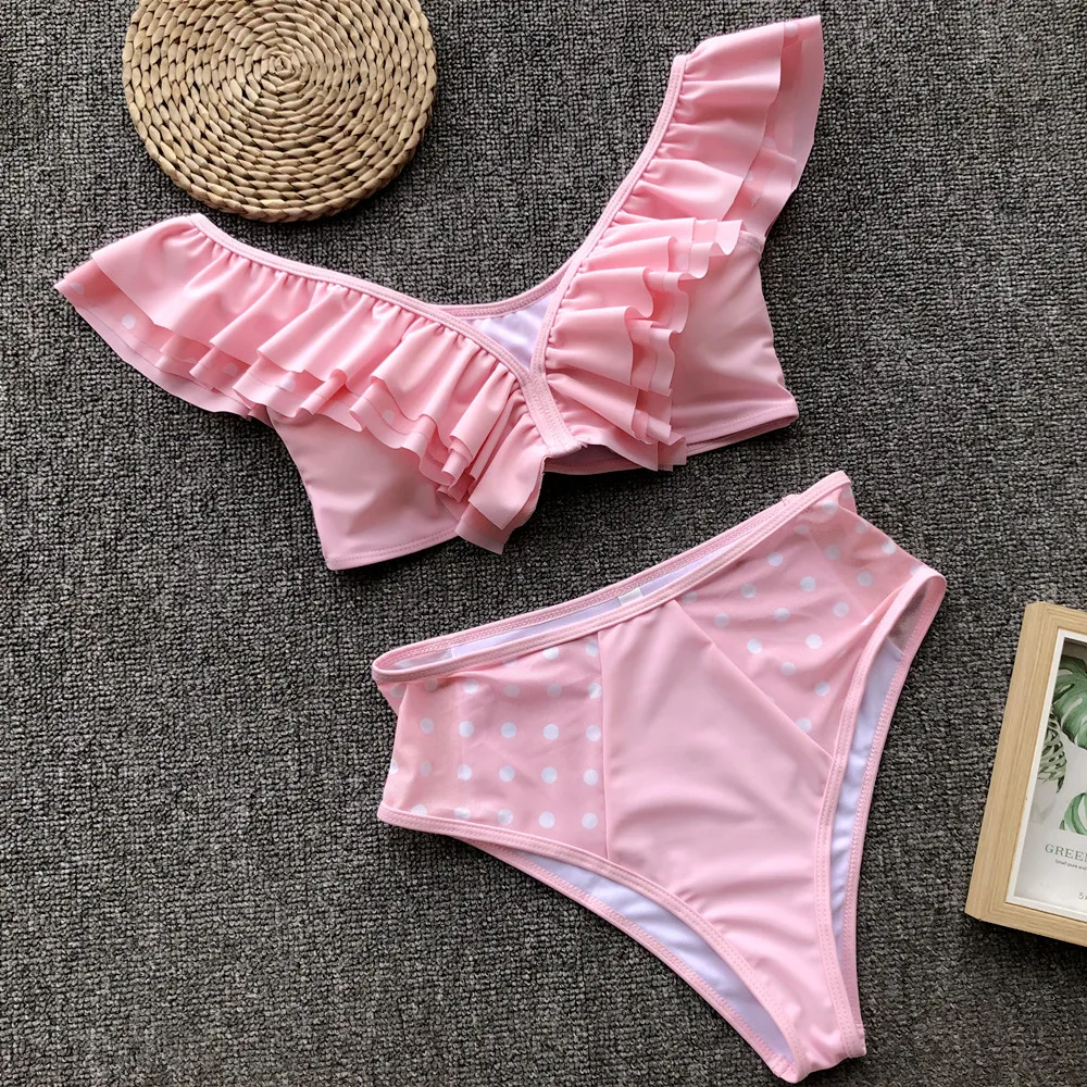 

Fashion Show Teen Girl Sexy Bikini Set Ruffle Sleeve Dot Print High Waist Two Piece Women Swimwear