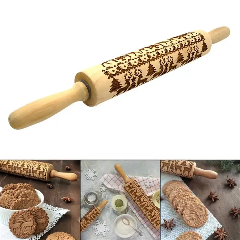 Wholesale Wooden Rolling Pin Christmas Wooden Embossing Rolling Pin With Christmas Symbols