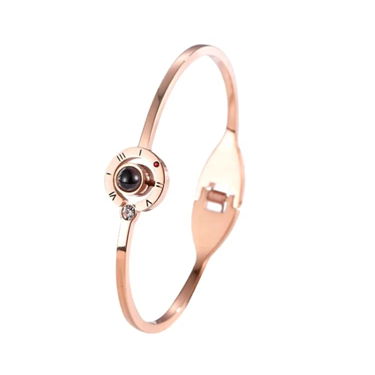 

Fashion Womens Rose Gold Silver Titanium Projection 100 Languages I Love You Cuff Bracelets