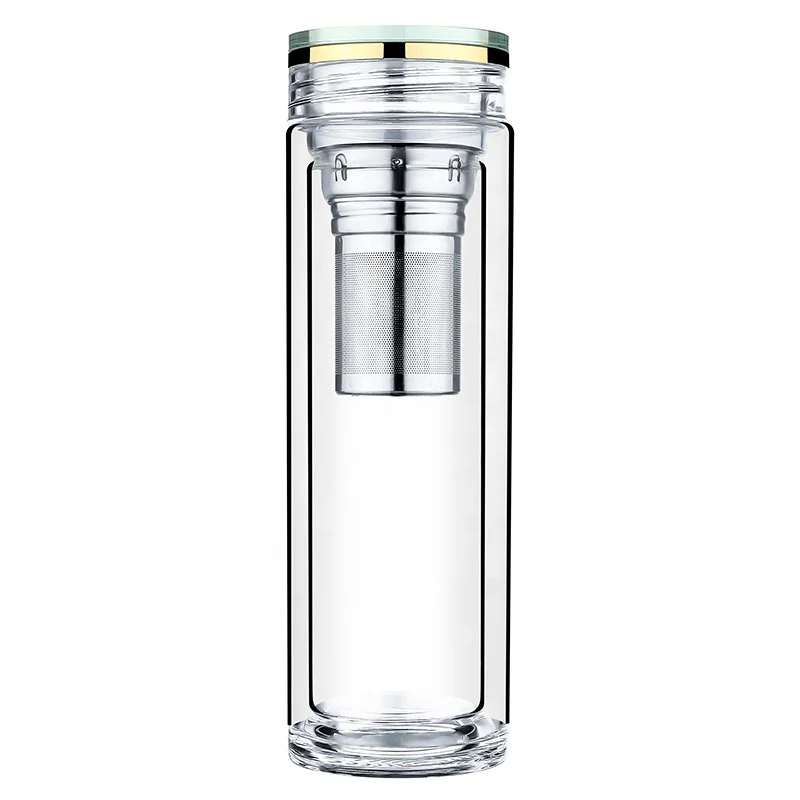 

High Quality Double Transparent Sealed Crystal Business Office Drinking Water Tea Glass Bottle Cup With Tea