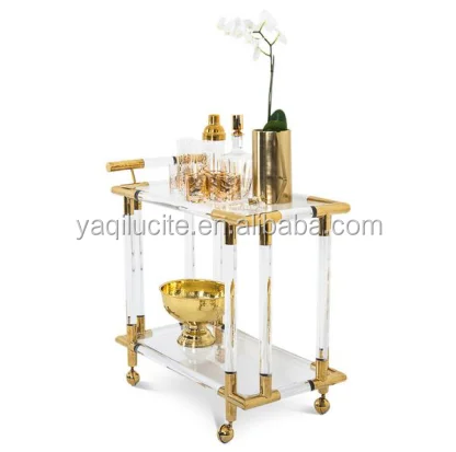 
Gold metal classic bar cart, two tier hotel tea trolley liquor trolley with wheels luxury hotel furniture 