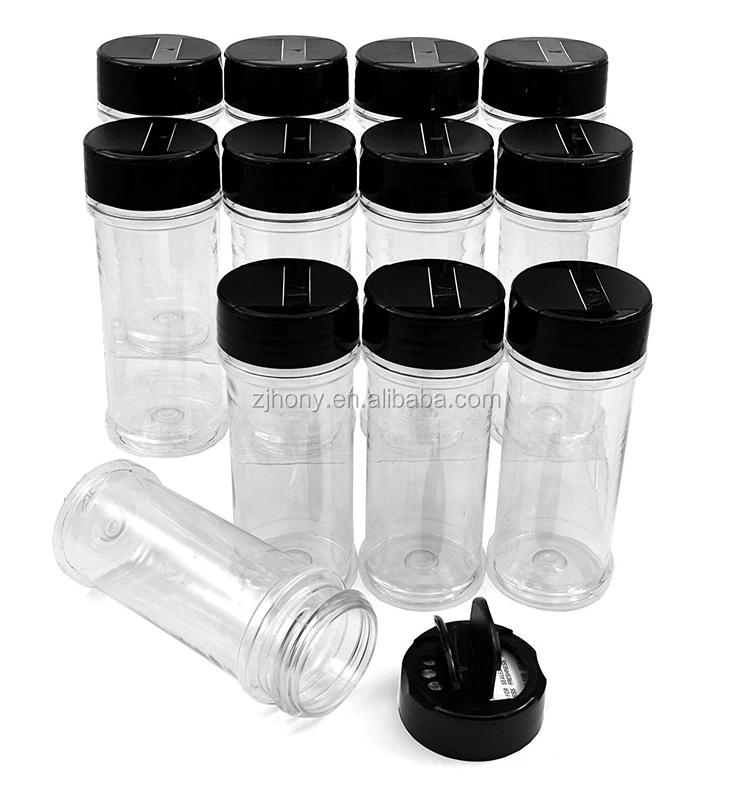 

12 PACK -  with Black Cap Plastic Spice Jars Bottles Containers Perfect for Storing Spice, Herbs and Powders, Any color is available