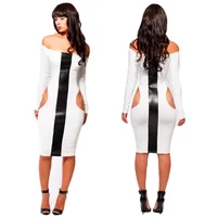 

Ladies Striped Off Shoulder Dress Elegant Cut Out Long Sleeve Bodycon Cocktail Party Dress