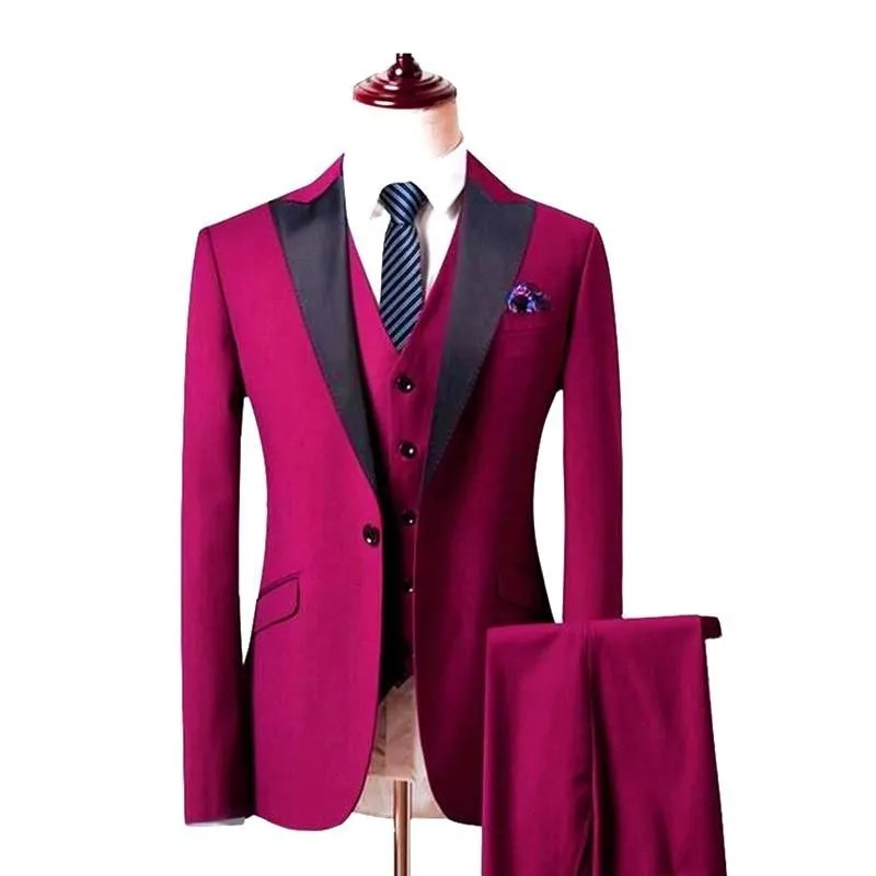 One Button Groomsmen Hot Pink Groom Tuxedos Peaked Black Lapel Men ...