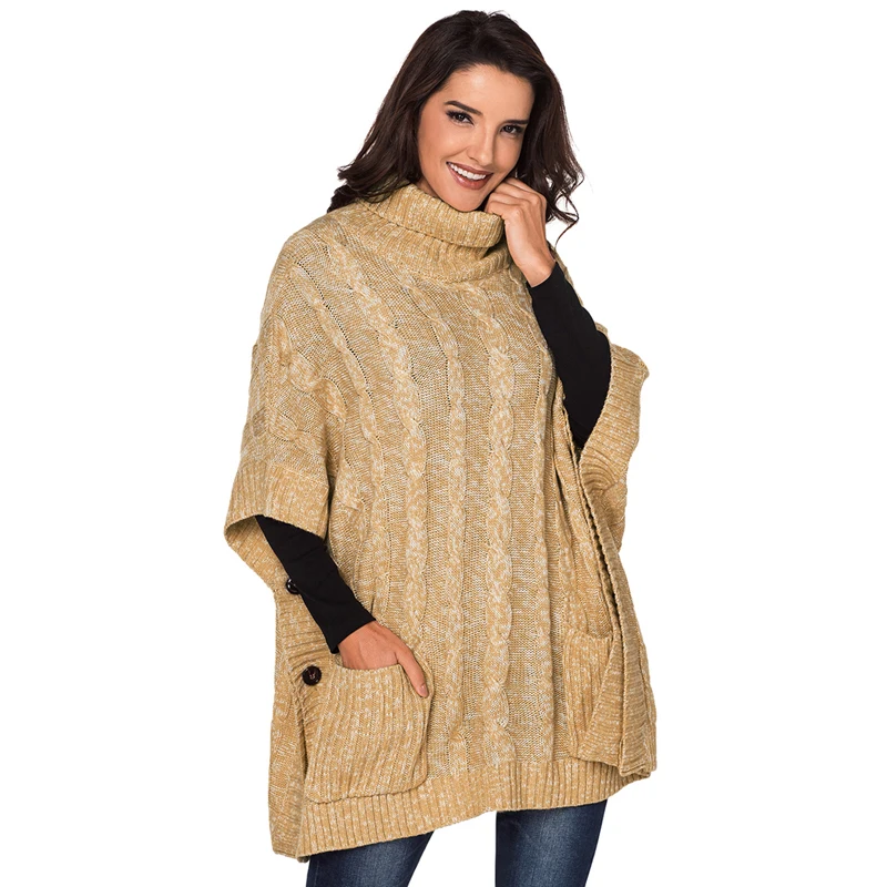 

Western style Khaki Pocket Style Turtleneck Poncho oversized womens sweater, As shown