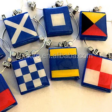 

wholesale promotion picture design square wooden tile customized flags wine charms