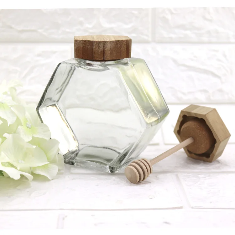 Packaging Glassware 400ml 720ml Glass Honey Jar Wooden Lid Hexagon Jar