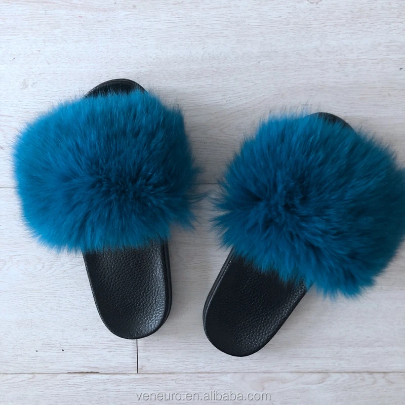 

Fashion Design Women Real Big Fox Fur Sandal Slides Soft Blue Furry fur Slippers for Women, Customized color