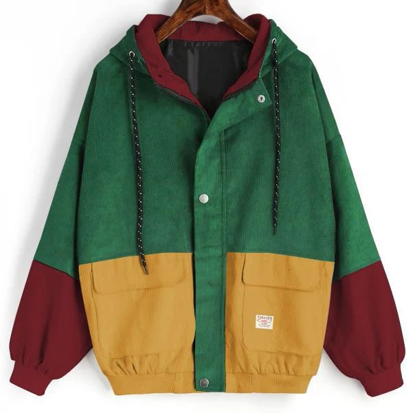 

Wholesale Stylish Sports Baseball Color Block Hooded Corduroy Jacket For Women, 5 colors