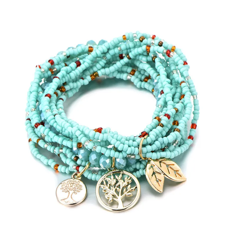 

Buy 10 Get 1 Free, Multilayer Crystal Beads Bracelet Tree of Life Leave Pendant Multilayer Beads Bracelet For Women, As picture