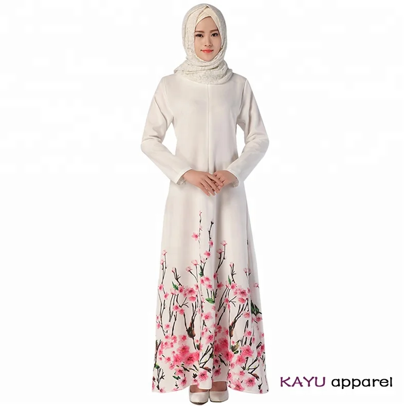 

Islamic clothing flower printed abaya muslim kaftan dress, White
