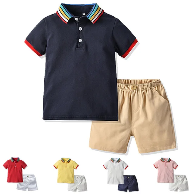 

Boys Summer Gentlemen Sets Kids T Shirt & Shorts Rainbow Turn-down Collar Tee Toddler Cotton T-shirt Baby Boy Formal Suits, As picture