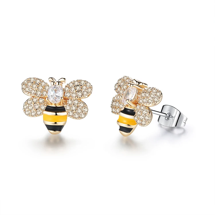 

Fashion Cute Bee Stud Earring For Women Unique Design Gold Micro Pave CZ Zircon Animal Earrings Party Gifts (KER127), Same as the picture