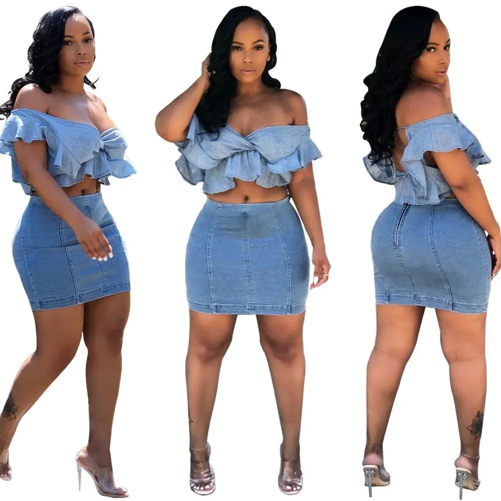 

KC- MB796 Kuchi-Global wholesale women casual ruffle backless strapless crop top and denim skirt two piece set