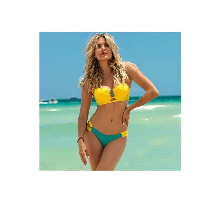 

Fashion Two Piece Sling Mesh Metal buckle Bra Triangle Mature Women Swimwear Swimsuit Bikini for Wholesale Women's Swimsuit, Customized