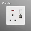 UK/British Neon 3 Pin Wall Socket Outlet and Double USB Plug with 1 Gang Electric Wall Switch USB Power Socket