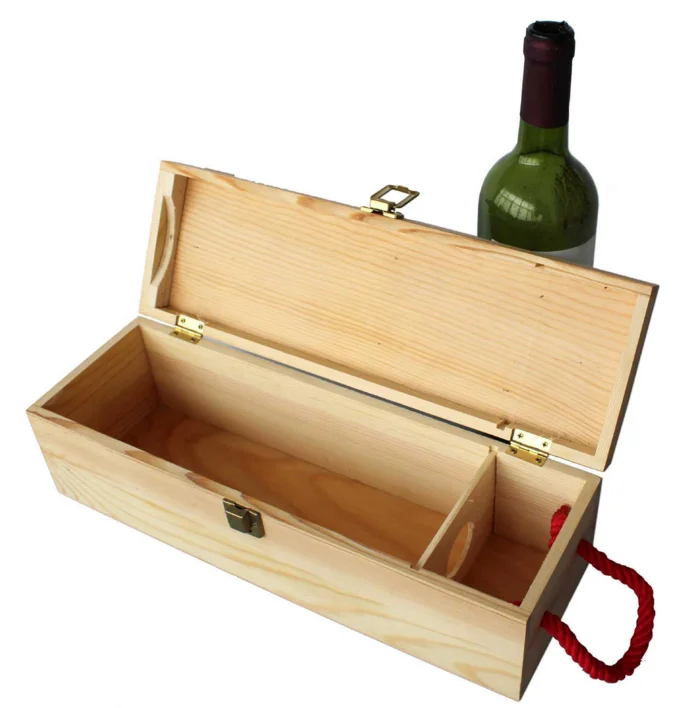 BPU110 Wooden Pine Box with sliding lid and rope handle for 1 bottle 